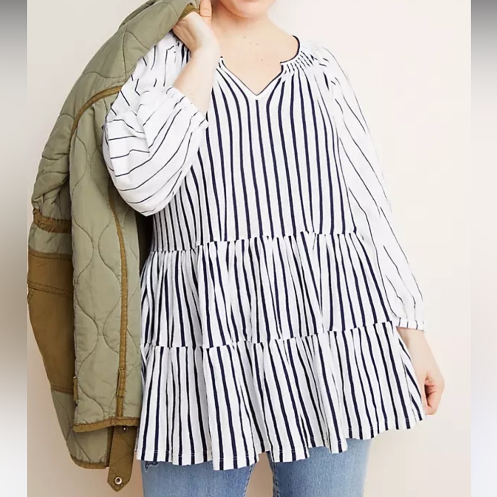 Maeve Anthropologie black & white striped tiered baby doll shirt size medium